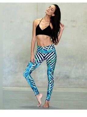 Niyama Sol Black, White & Green Tropical Stripe High-Waist Leggings